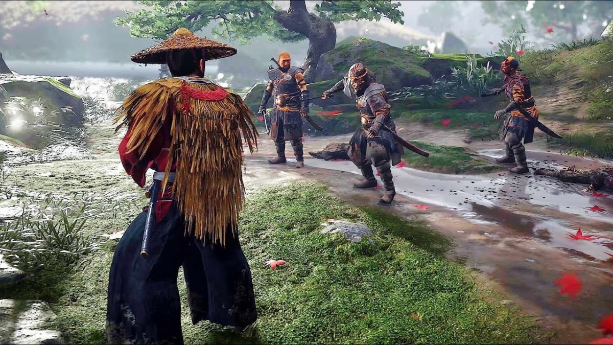 Ghost of Tsushima protagonist facing down three enemies