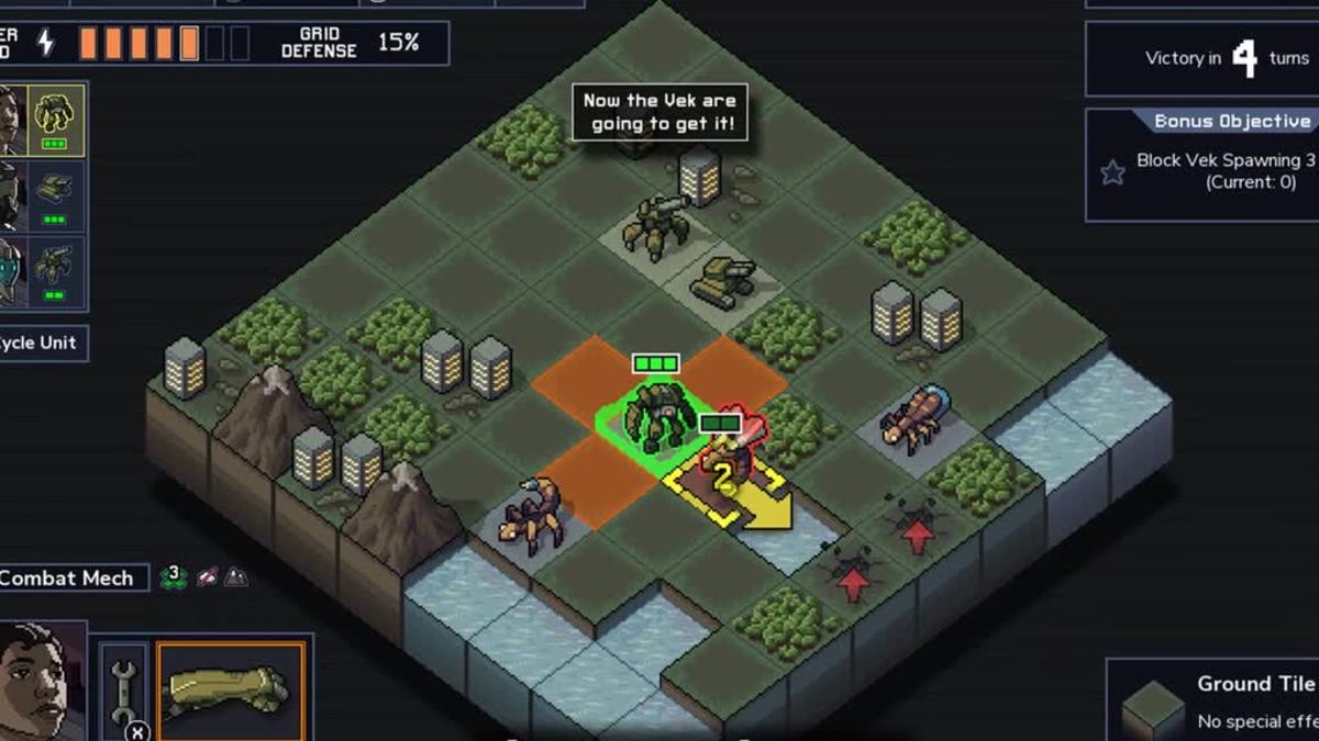 Robots and kajiu battle on tiles in Into the Breach.