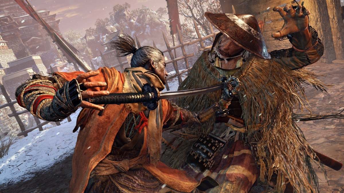 A ninja pushes a samurai sword into an enemy's chest in Sekiro: Shadows Die Twice.