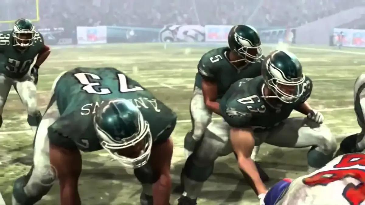 Players get ready on the line in Madden 06.