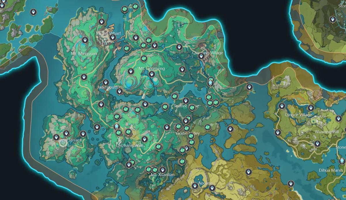 Genshin Impact map of Chenyu Vale with Clearwater Jade locations.