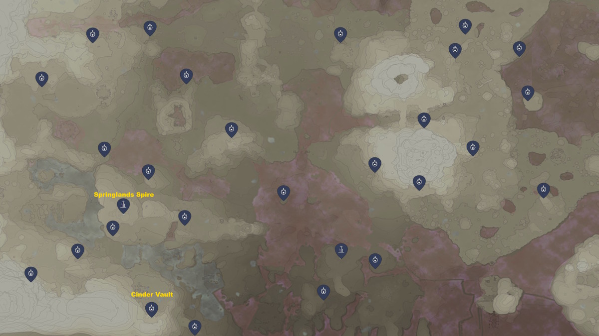 A map showing where to find Flame Sanctums and Flame Shrines in Enshrouded