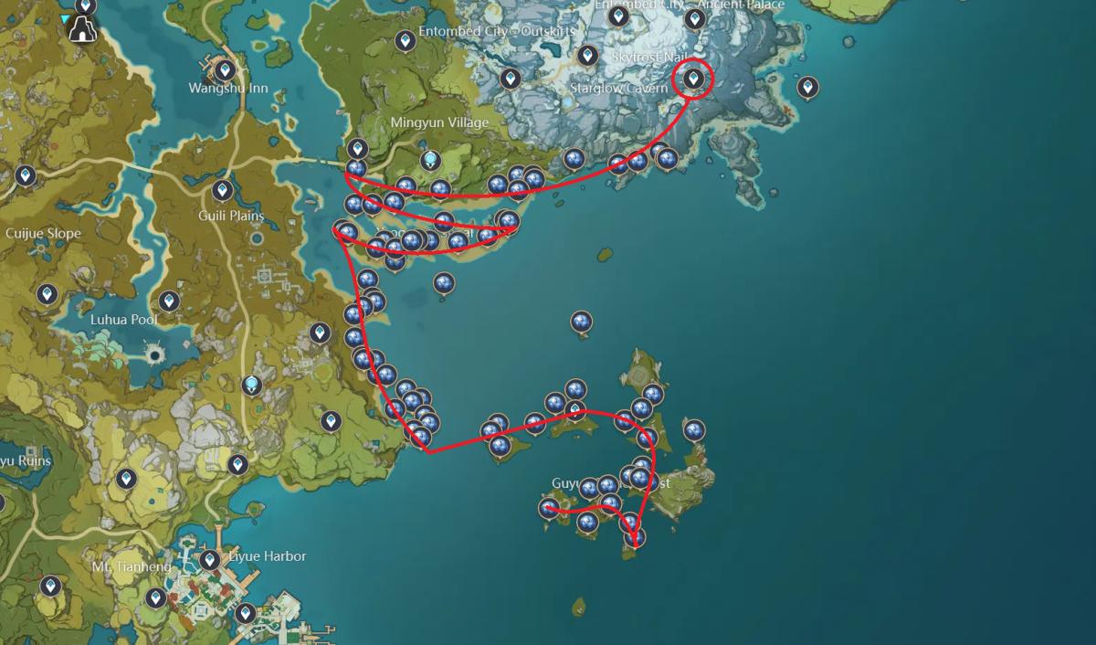 Genshin Impact Starconch farming route.