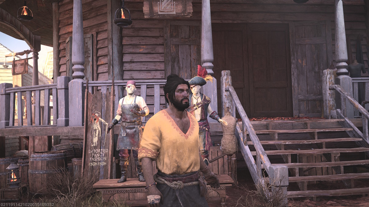 A Skull and Bones character in a yellow shirt, standing outside the Vanity Atelier