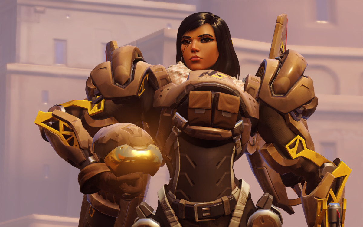 Overwatch 2's Pharah, holding her helmet in her right hand