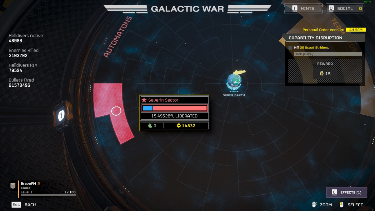 A Helldivers 2 map showing automaton systems, where Scout Striders live