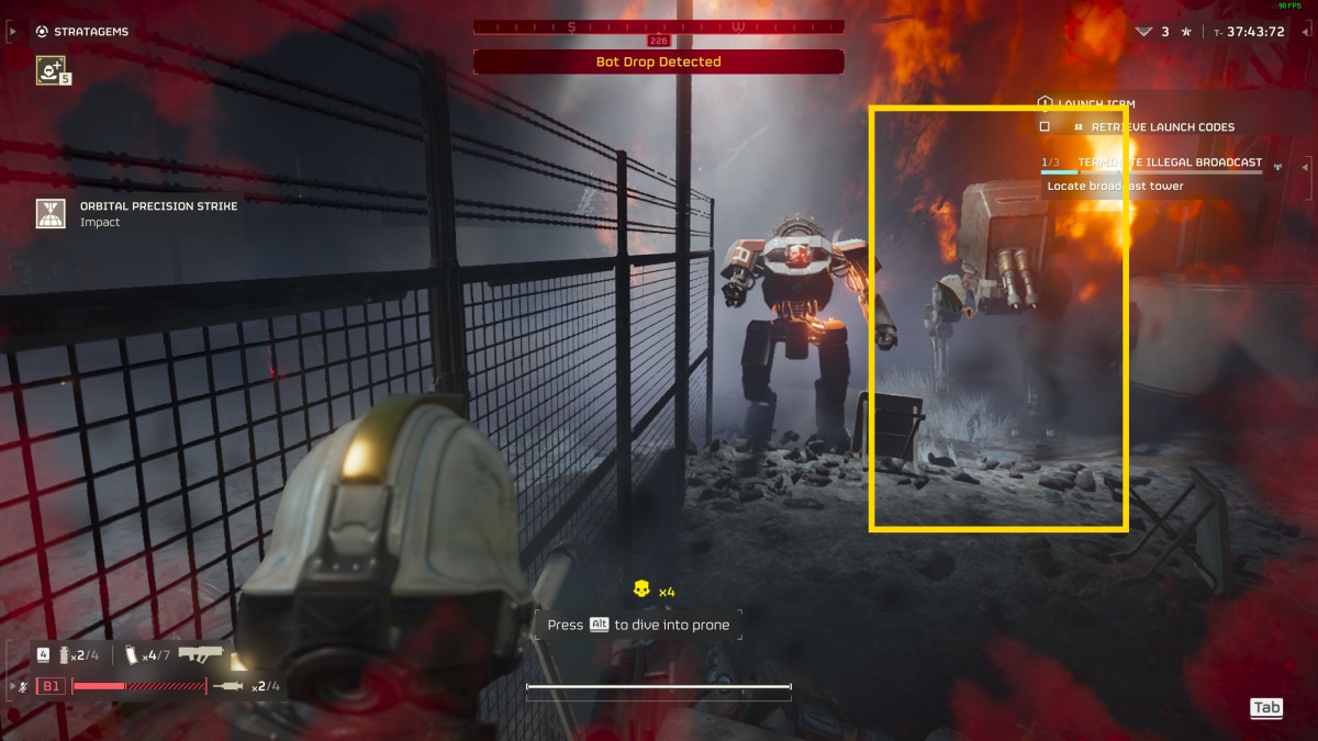 A Helldivers 2 Scout Strider approaches the player character, with another robot alongside them