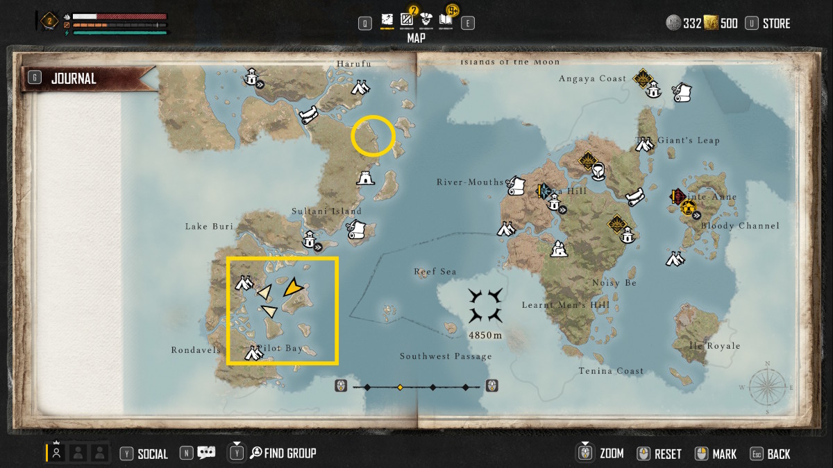 A map showing mopane locations in Skull and Bones