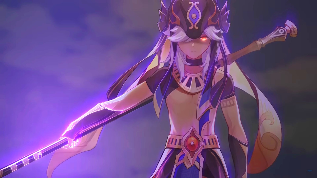 Genshin Impact's Cyno, wielding his signature polearm in his right hand, as electricity snakes up his arm