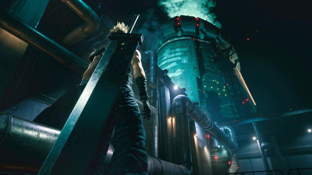 Final Fantasy 7 Remake Cloud staring at a Mako Reactor