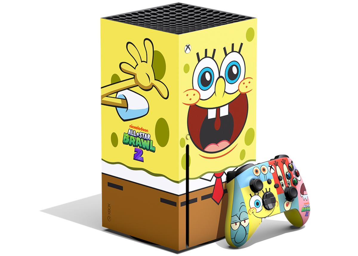 Photo of a SpongeBob SquarePants-branded Xbox Series X with controller.