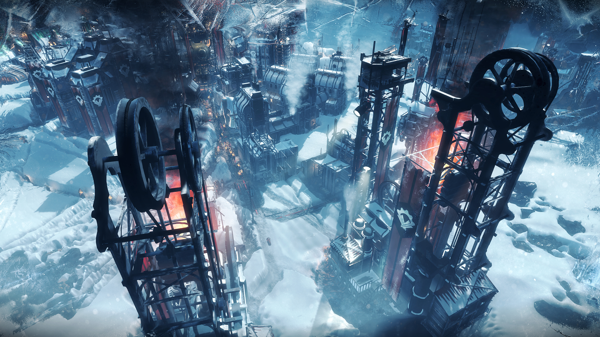 Frostpunk screenshot of an icy town.