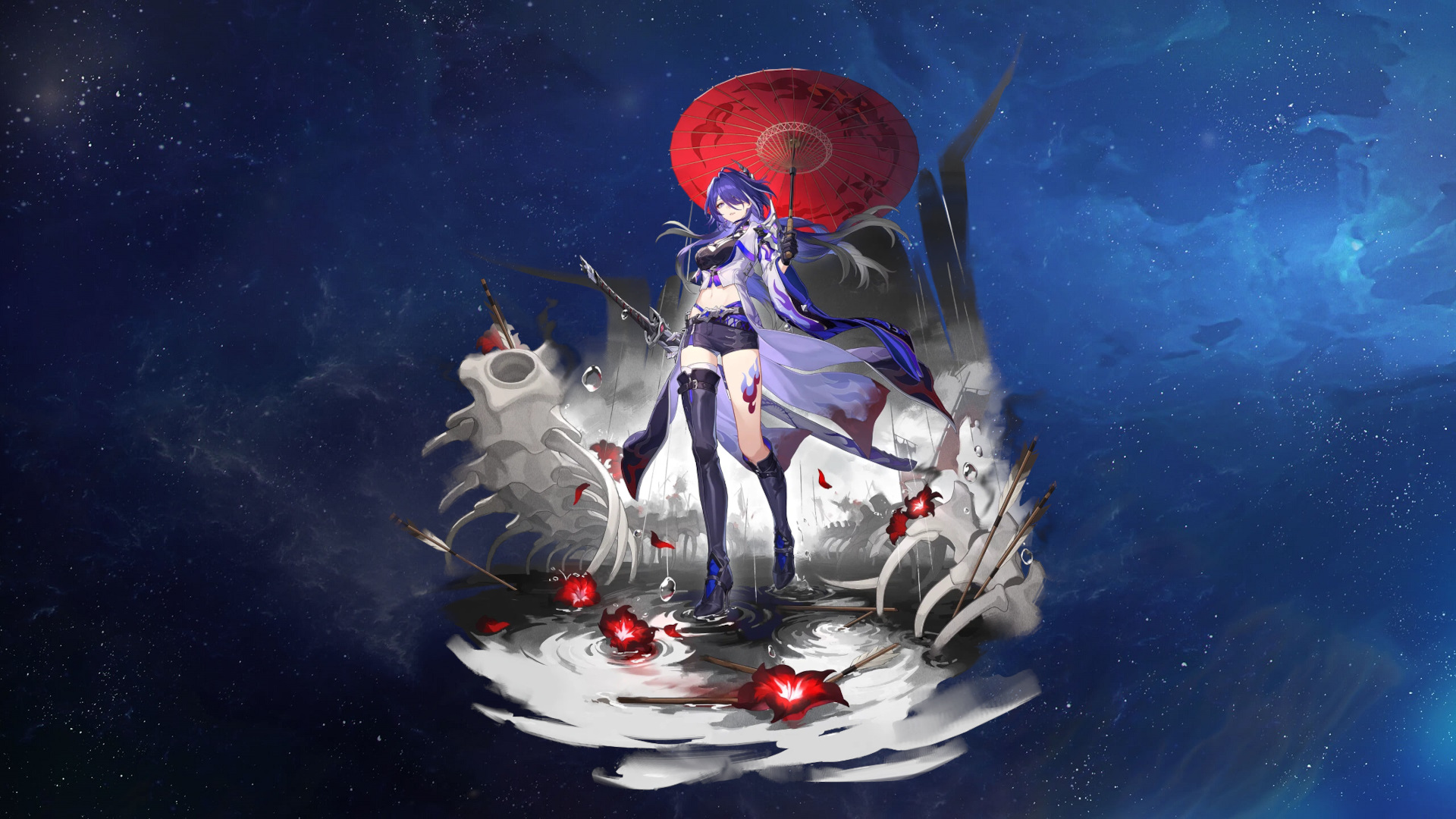 Honkai Star Rail Acheron artwork on space background.