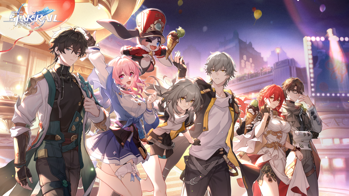 Honkai: Star Rail artwork showing the Astral Express crew having fun on Penacony.