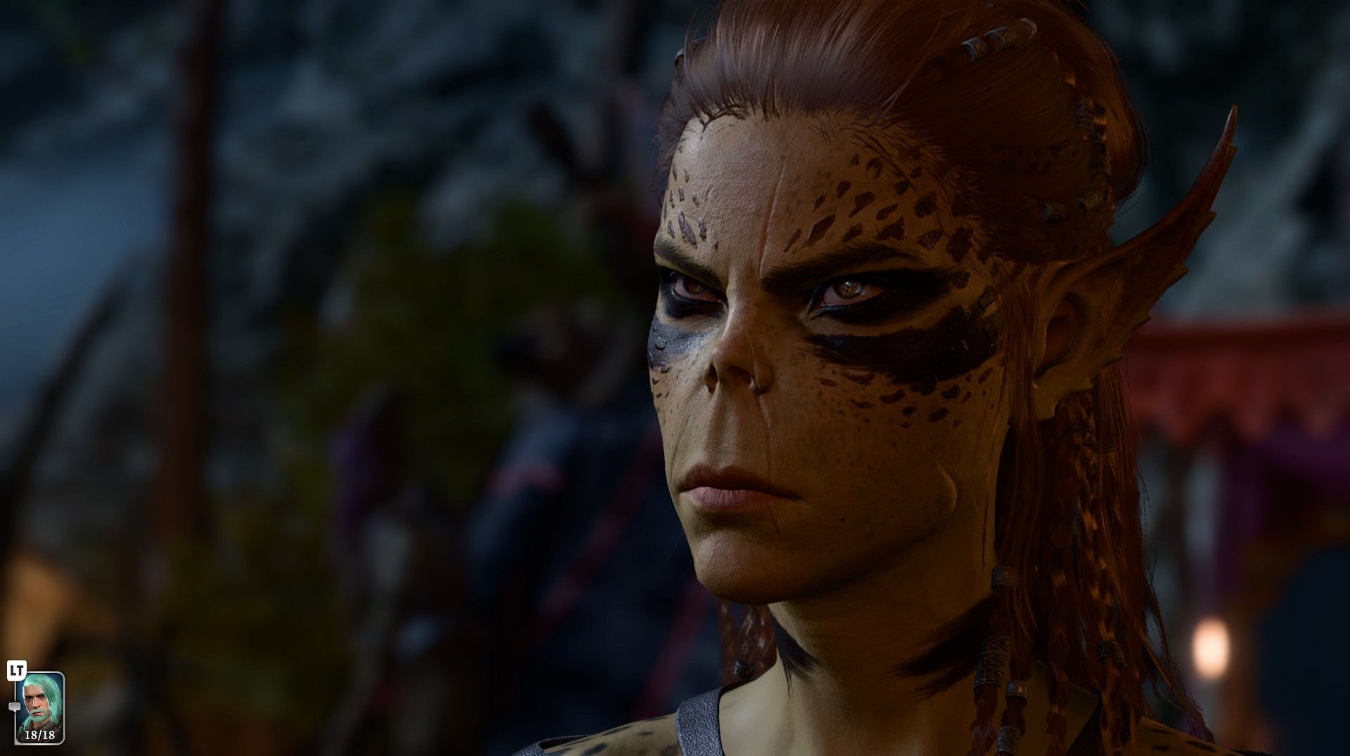 Lae'zel in a cutscene from Baldur's Gate 3 at the campsite