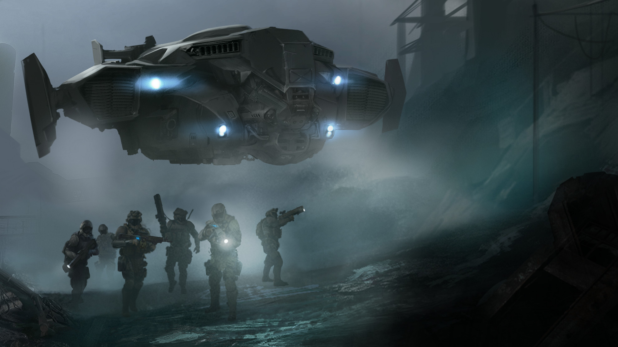 Menace key art of marines below a dropship.