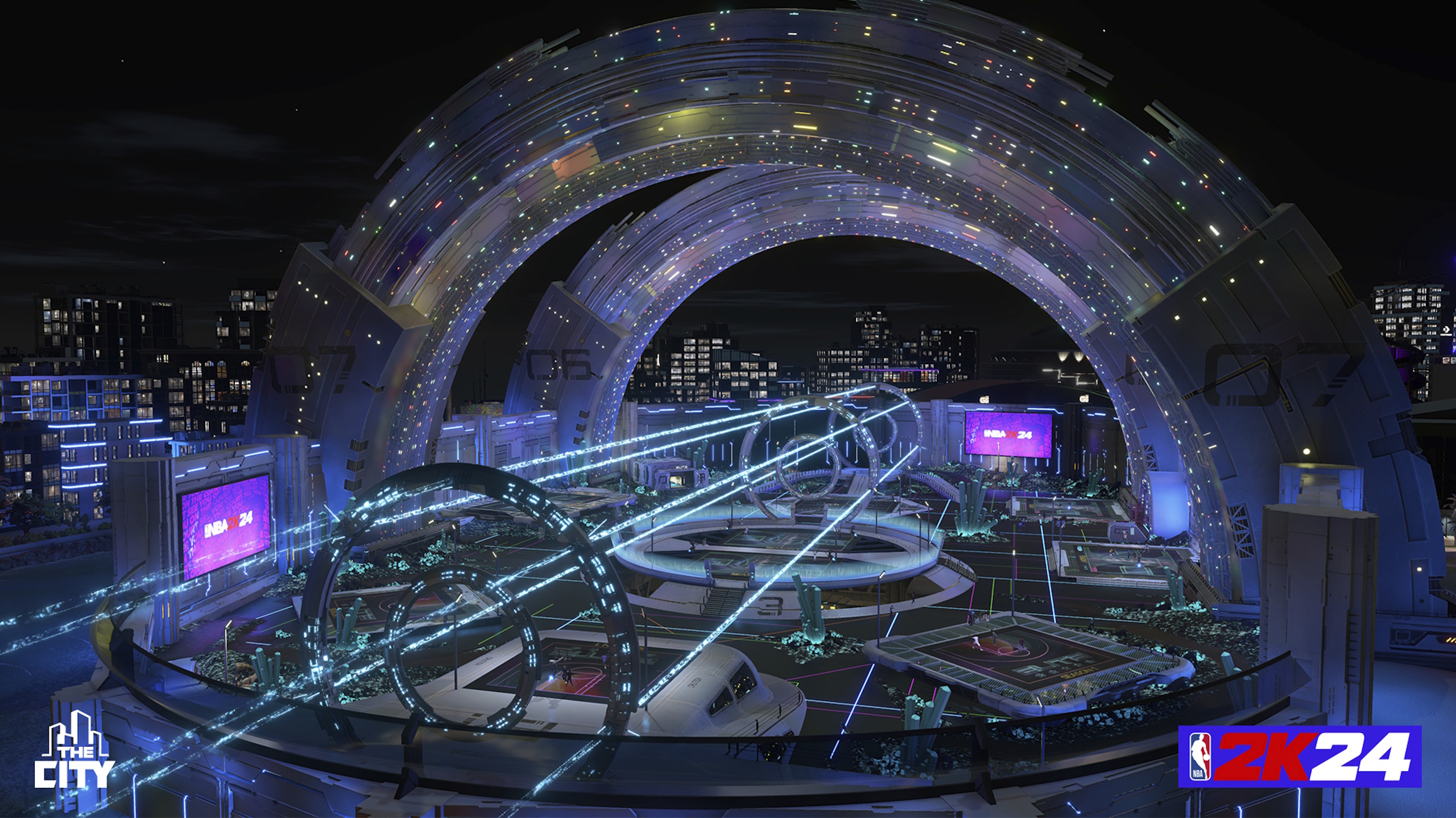 A series of large, neon-lit arches overlook a brightly-lit arena with multiple basketball courts