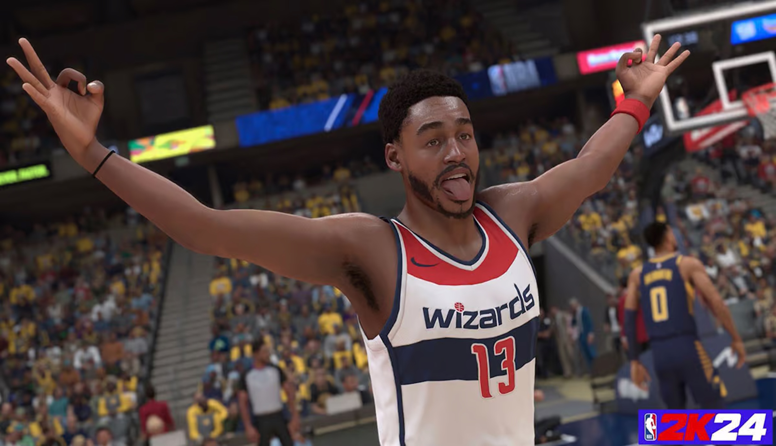 A digital representation of the Wizards no. 13 is running down a basketball court with his tongue out and his hands in the air making a victory gesture