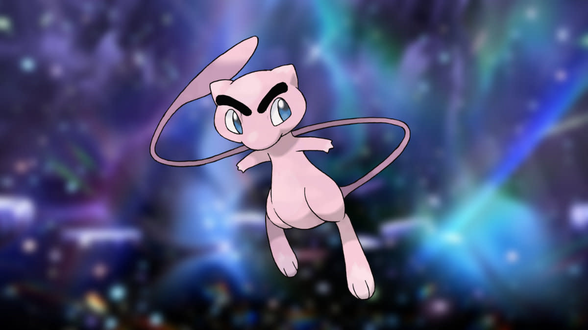 Mew in a Pokemon Scarlet and Violet raid with angry eyebrows