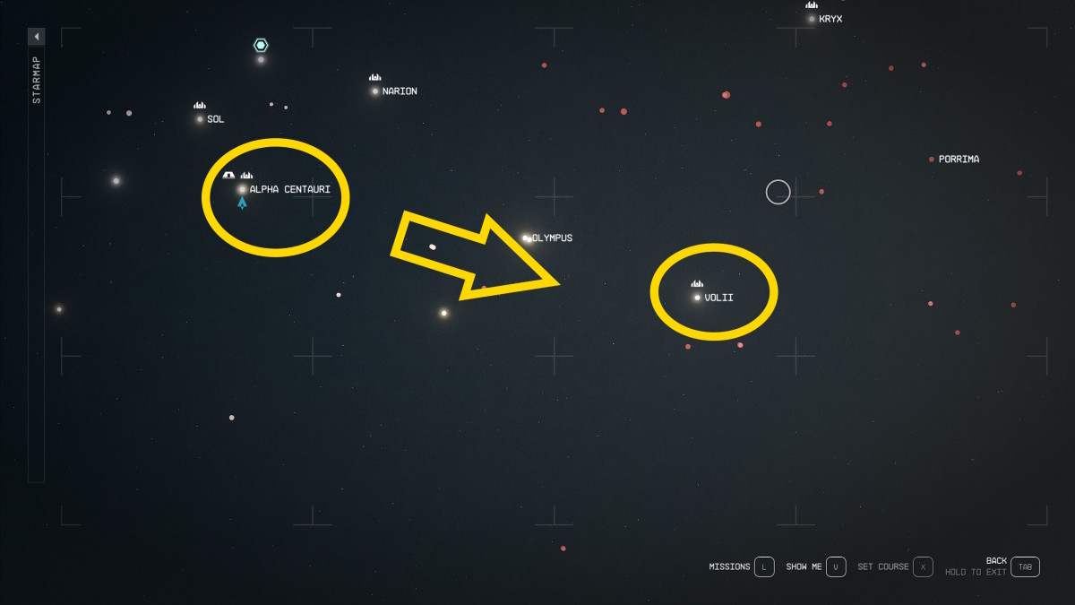 A yellow circle is positioned around a star system named Alpha Centauri, with a yellow arrow pointing to another circle around Volii.