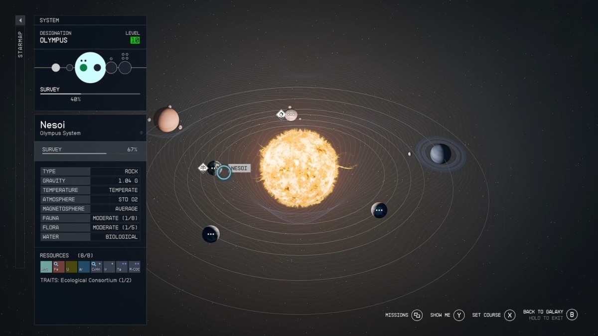 Starfield starmap showing the location of Nesoi in the Olympus system