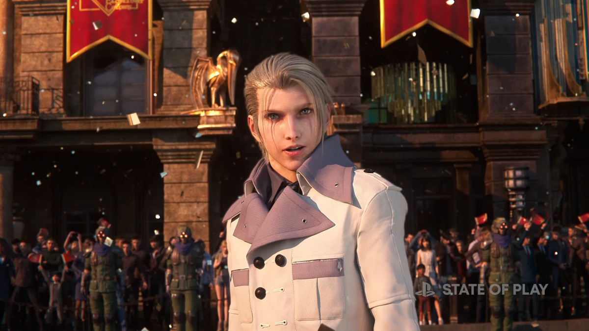 An anime man with sleek silver hair, wearing a white coat with pale lavender accents, is standing in front of a large crowd and a building festooned with red banners