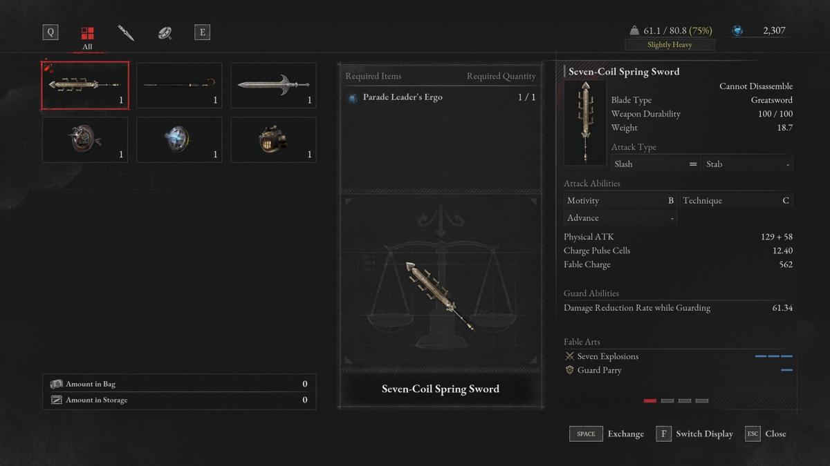 Lies of P menu showing the stats of the Seven-Coil Spring Sword.