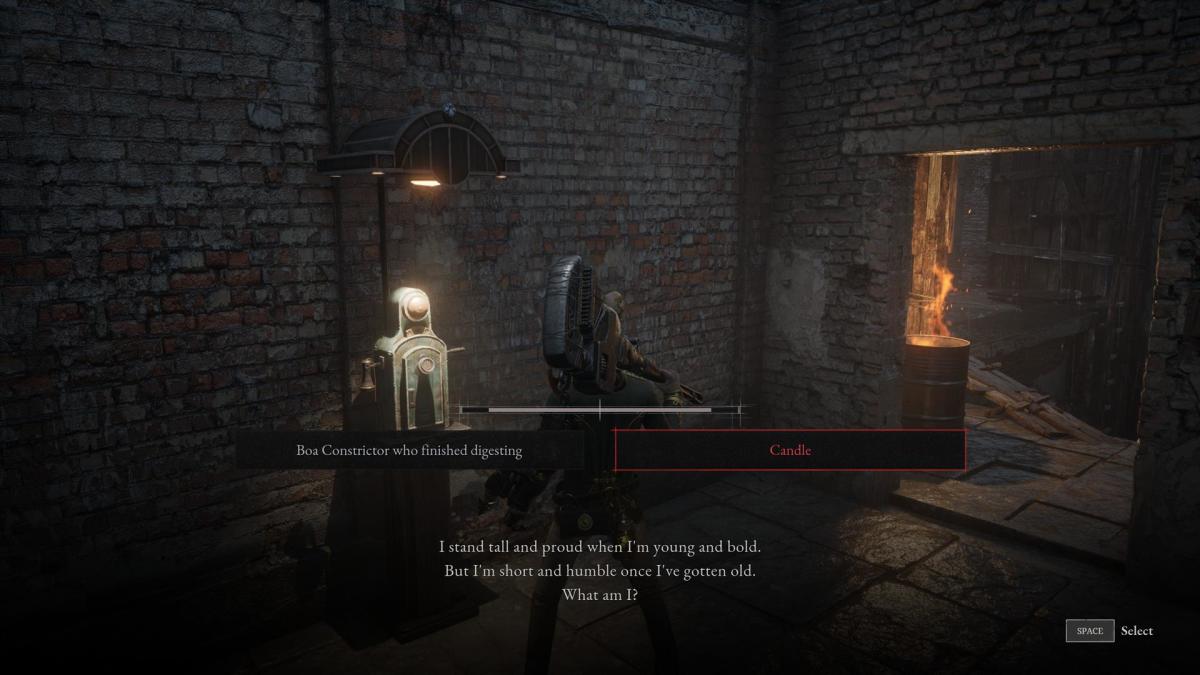 In this screenshot from Lies of P the player is asked a question, and the correct answer is Candle.