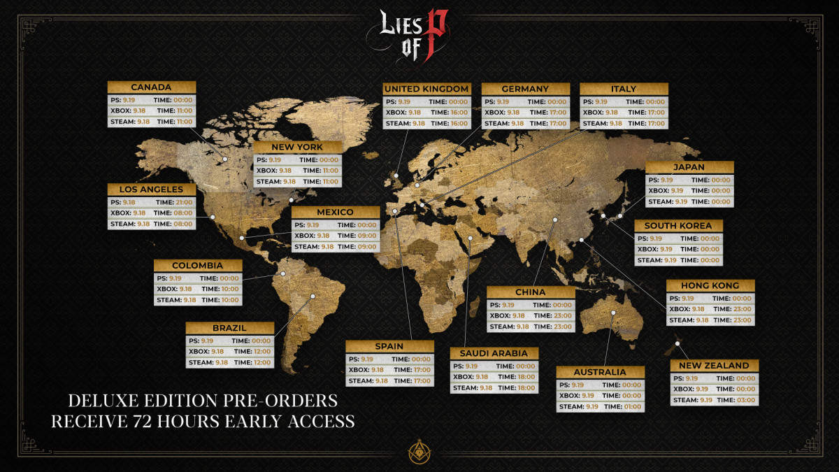 A map showing Lies of P release times across all time zones.