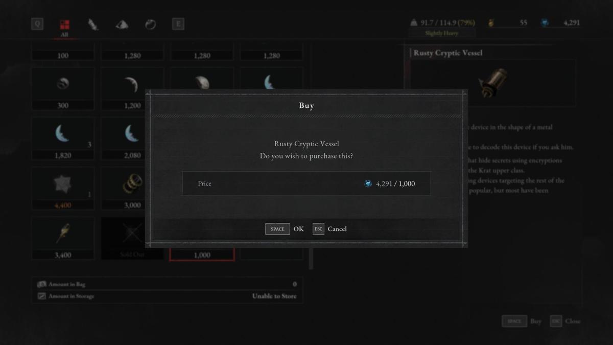 A shopkeeper’s wares are shown, with the Rusty Cryptic Vessel being purchased for 1,000 currency.
