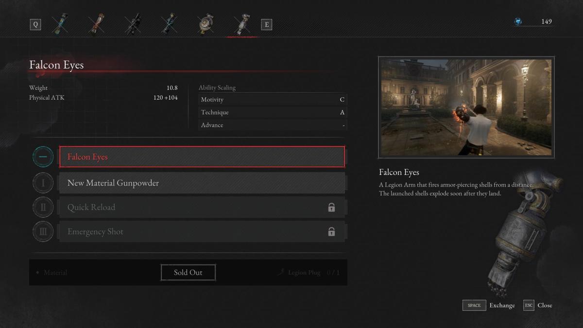 A Legion Arm called Falcon Eyes is shown in a menu.