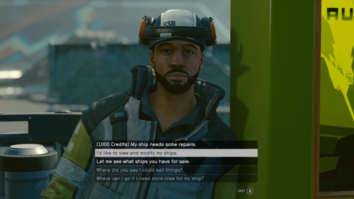 Ship technician dialogue in Starfield with the view and modify ships option selected