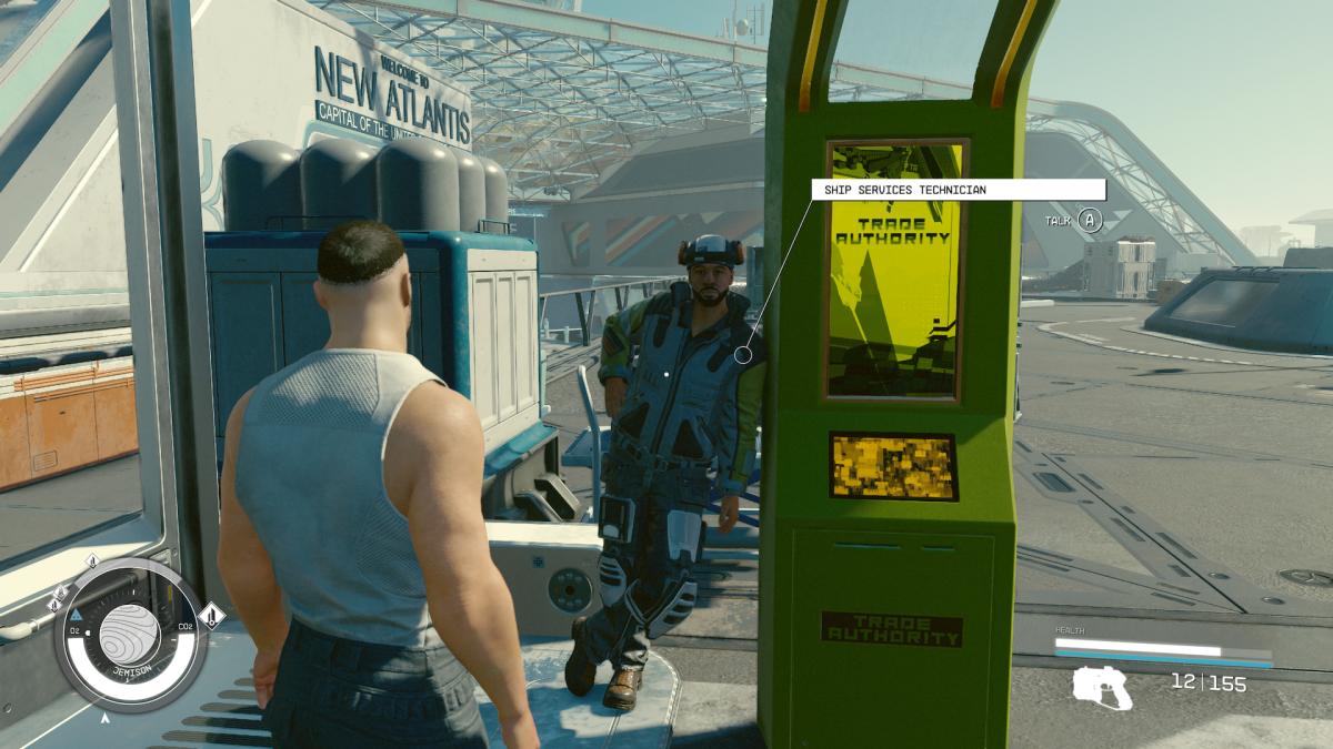 A ship technician standing next to a Trade Authority kiosk in Starfield's New Atlantis