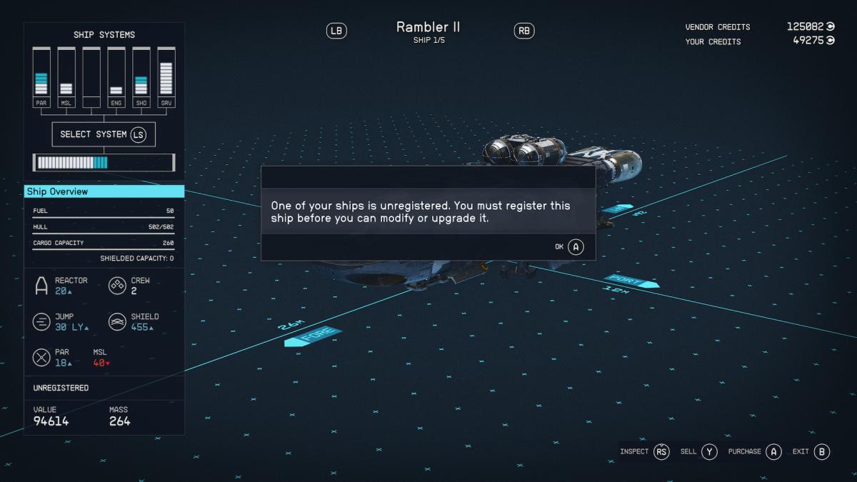 Unregistered ship prompt in Starfield