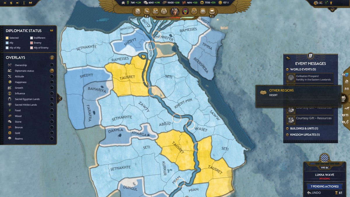 Total War: Pharaoh map of Egypt under Tausret's rule.