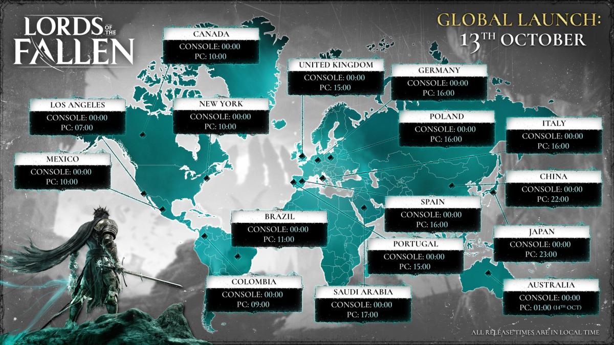 Image showing the worldwide release times for Lords of the Fallen.