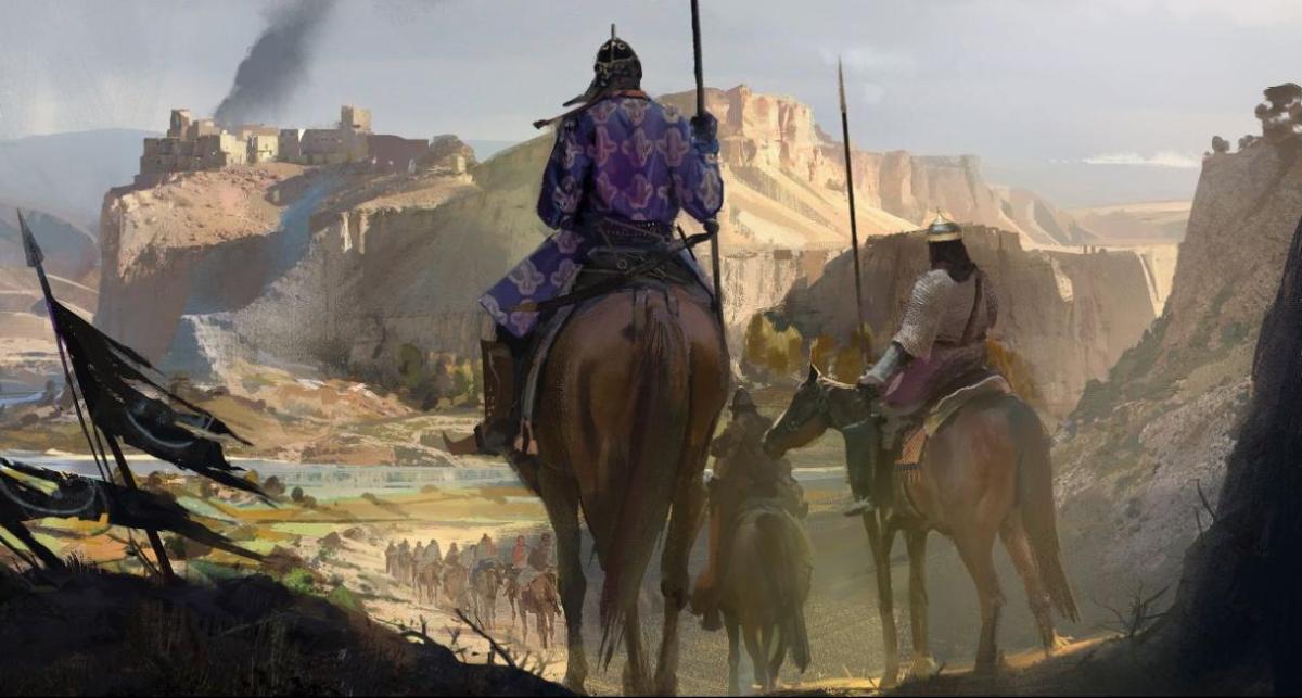 Crusader Kings 3 artwork showing riders in front of a castle.