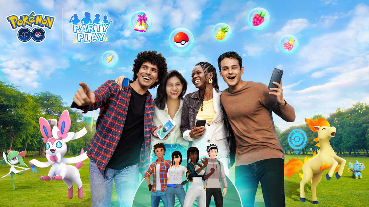 Pokémon Go Party Play header showing four players and their avatars in a group.