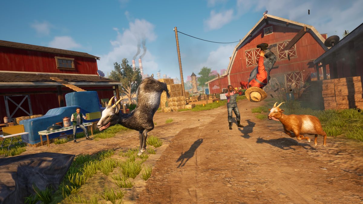 Goat Simulator 3 goat kicking a man through the air