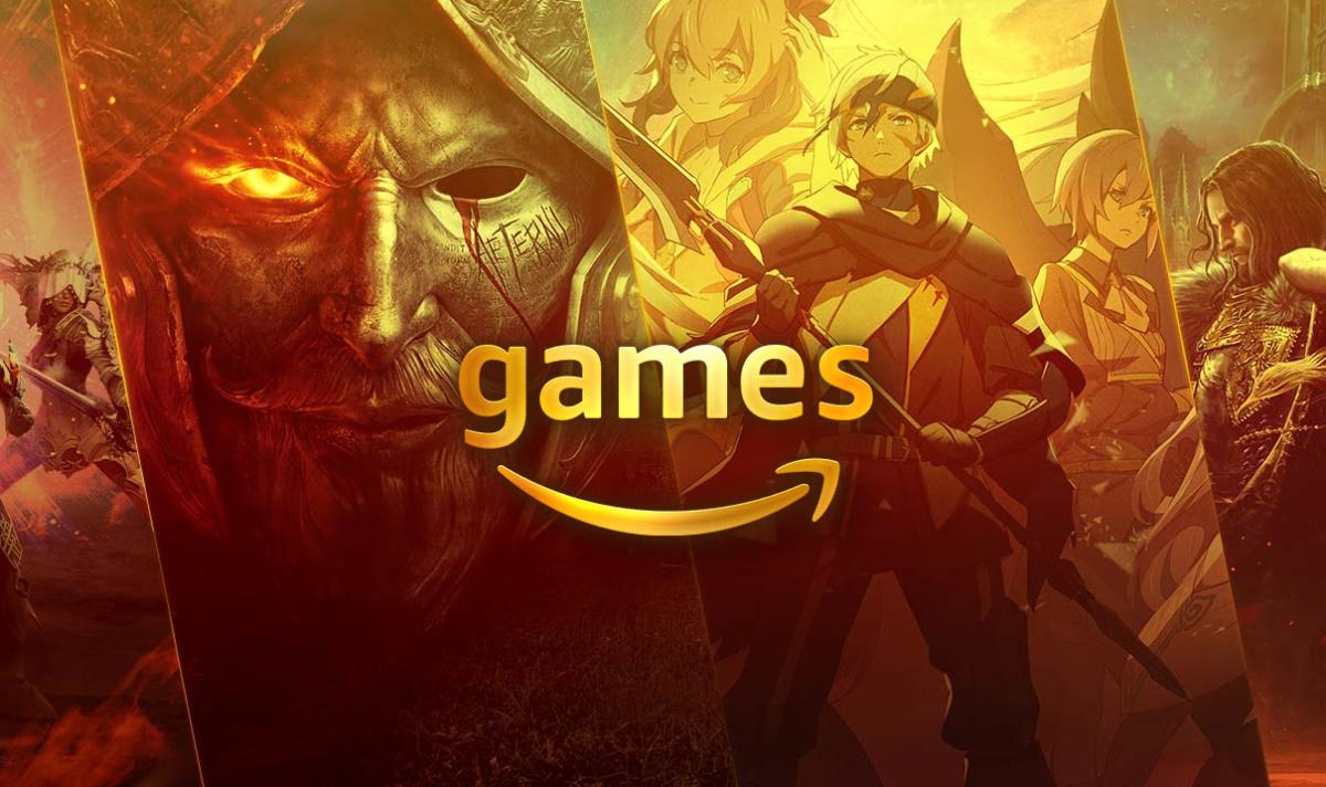 Amazon Games logo on top of artwork from Amazon Games' MMOs.