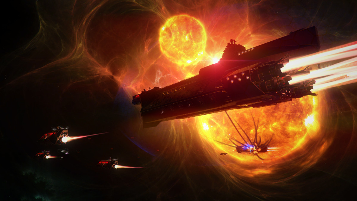 Endless Space 2 screenshot of a fleet around a sun.