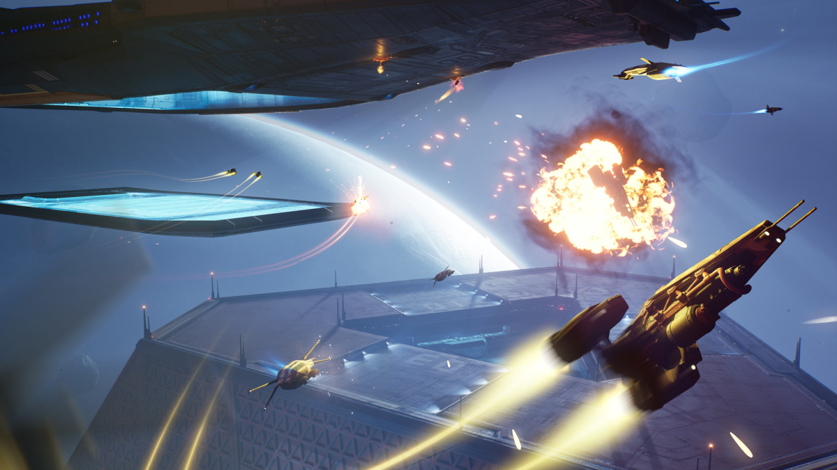 Homeworld 3 screenshot showing combat in space.