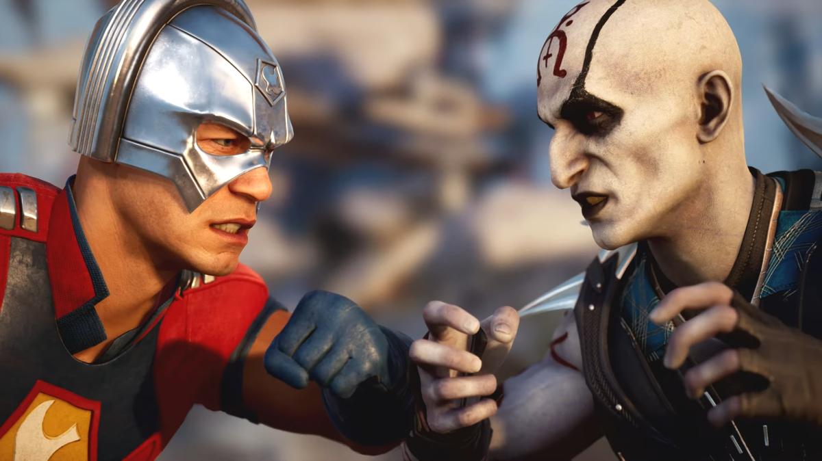 Mortal Kombat 1 screenshot of Peacemaker fighting Quan Chi.