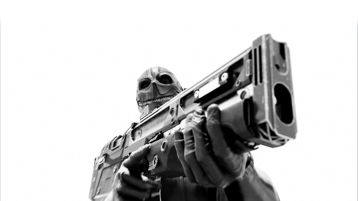 Den of Wolves artwork showing a masked gunmen in grey on a white background.