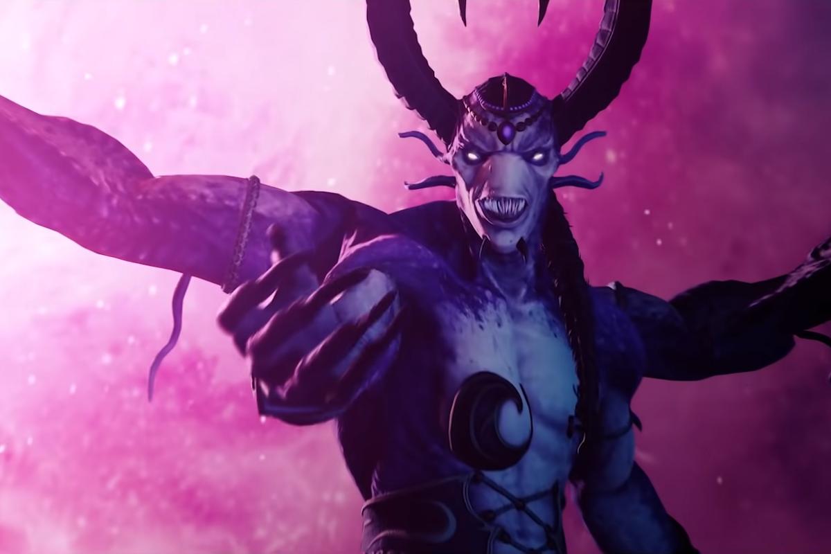 Total War: Warhammer 3 trailer screenshot of Slaanesh Daemon N'Kari holding out a hand.