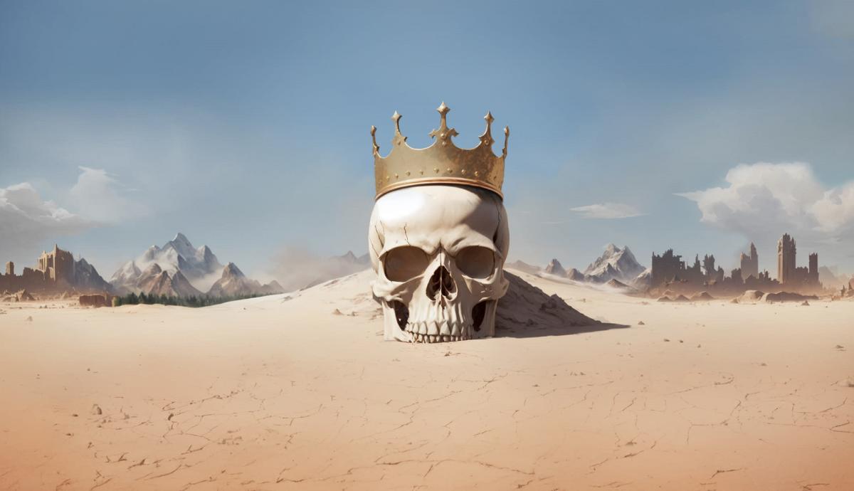 Millennia key art showing a crowned skull laying in the desert sands.