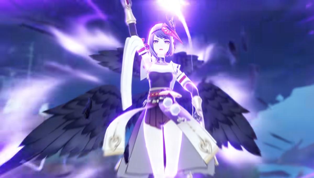 Genshin Impact's Kujou Sara unleashing her Elemental Burst.