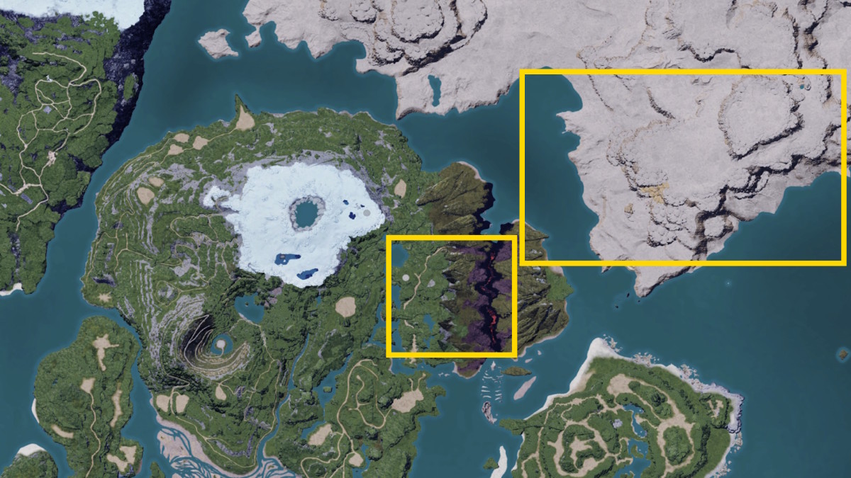 A Palworld map image showing the desert region and a small mountainous area highlighted in yellow rectangles