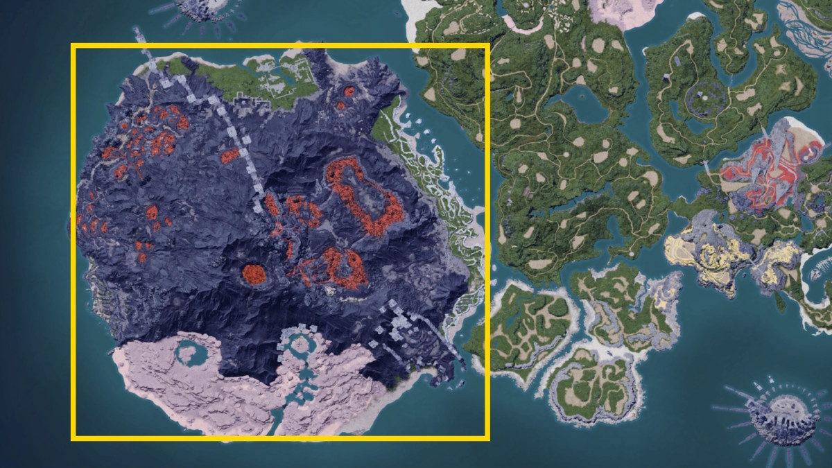 A Palworld map image showing the volcano region highlighted in a yellow rectangle