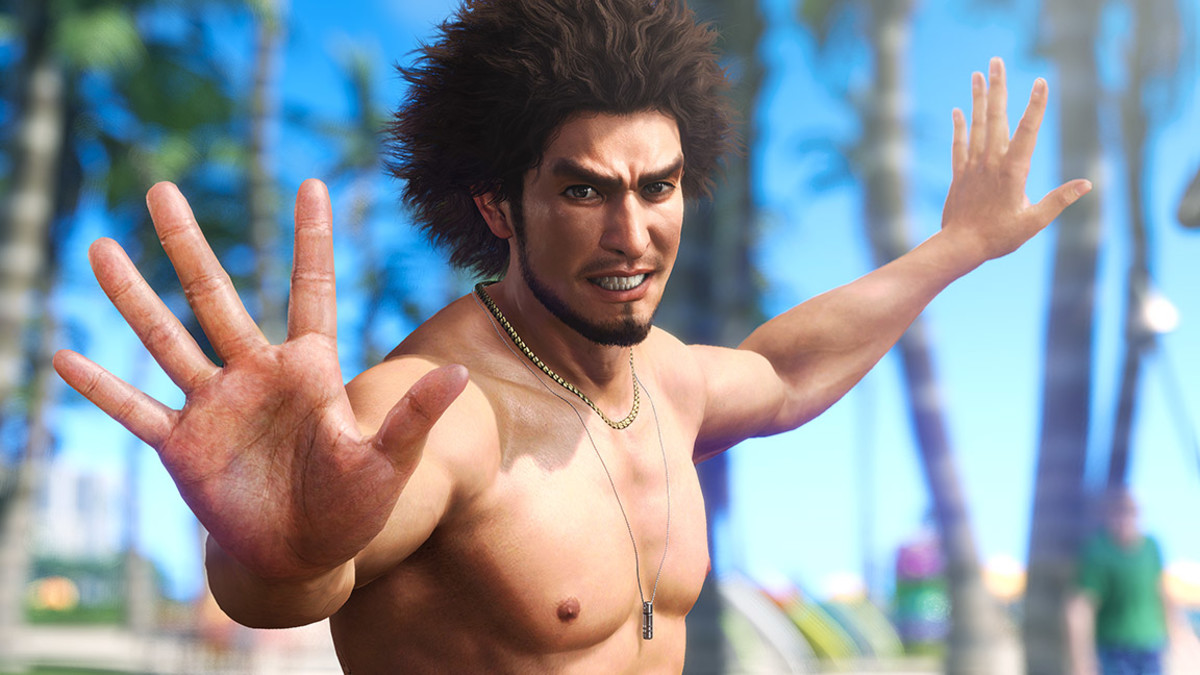 Ichiban Kasuga shirtless on the beach in a screenshot from Like a Dragon: Infinite Wealth